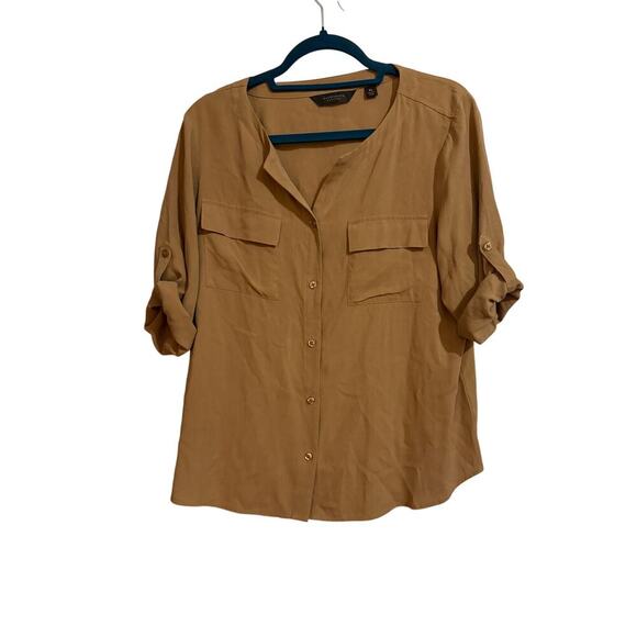Investment Button Up Down Tan Roll Up Three Quarter Sleeve Petite Large - Picture 1 of 5